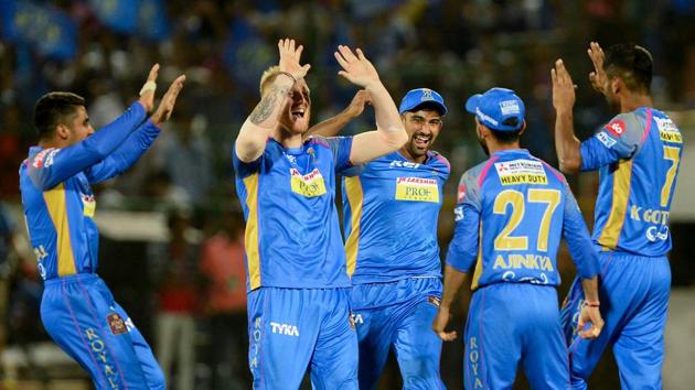 Rajasthan Royals players celebrate the wicket of Marcus Stoinis during the 2018 Indian Premier League (IPL) Twenty20 match between Kings XI Punjab and Rajasthan Royals in Jaipur.(AFP)