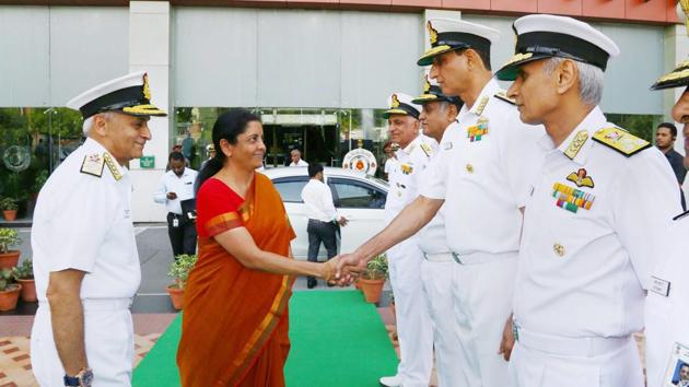 Defence minister Nirmala Sitharaman is being introduced by Chief of the Naval Staff Admiral Sunil Lanba to Naval Commanders during Naval Commanders’ Conference in New Delhi on May 8. (PTI Photo) Defence minister Nirmala Sitharaman is being introduced by Chief of the Naval Staff Admiral Sunil Lanba to Naval Commanders during Naval Commanders’ Conference in New Delhi on May 8. (PTI Photo)