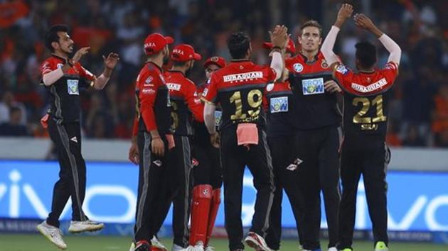 Royal Challengers Bangalore bowler Tim Southee (2R) celebrates a wicket.  (AP) 