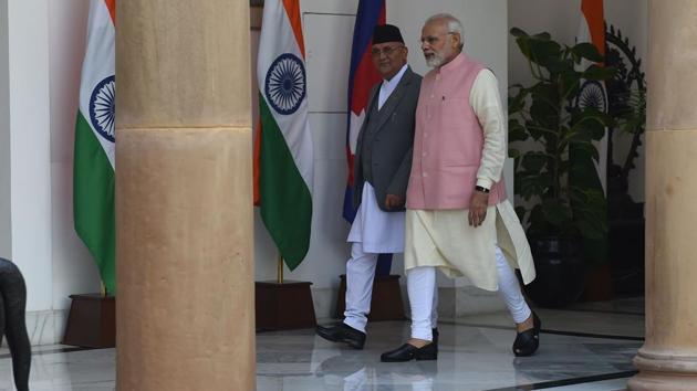 Prime Minister Narendra Modi with Nepal Prime Minister KP Sharma Oli at Hyderabad house during his visit to New Delhi on April 7, 2018.(AFP File Photo) Prime Minister Narendra Modi with Nepal Prime Minister KP Sharma Oli at Hyderabad house during his visit to New Delhi on April 7, 2018.(AFP File Photo)
