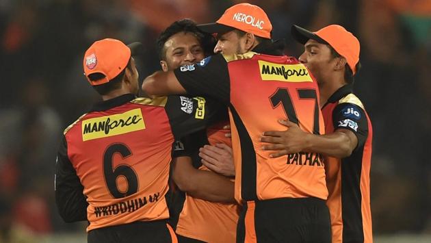 Sunrisers Hyderabad players cerebrate their victory against Royal Challengers Bangalore.  (PTI) 