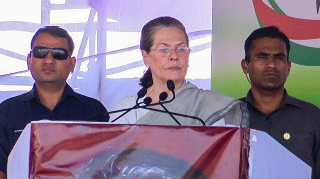 UPA chairperson and former Congress president Sonia Gandhi addresses a rally in Vijayapura district. (PTI) UPA chairperson and former Congress president Sonia Gandhi addresses a rally in Vijayapura district. (PTI)