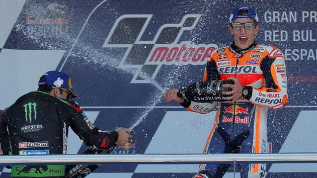 Repsol Honda Team's Marc Marquez celebrates after winning the MotoGP Spanish Grand Prix at Jerez, Spain, on Sunday.(REUTERS)