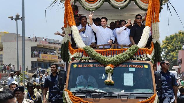 Congress president Rahul Gandhi at a road show at Gauribidanur in Chikkaballapur, Karnataka on May 8. (PTI Photo) Congress president Rahul Gandhi at a road show at Gauribidanur in Chikkaballapur, Karnataka on May 8. (PTI Photo)
