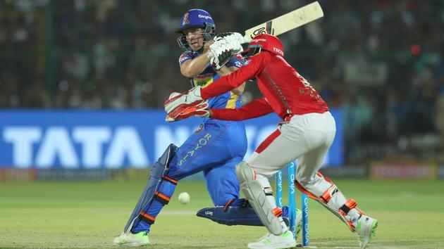 Jos Buttler of Rajasthan Royals bats during their Indian Premier League 2018 match against Kings XI Punjab in Jaipur on Tuesday.(BCCI)