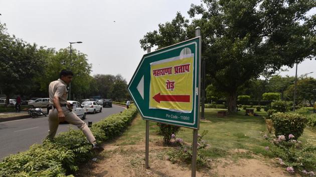 A poster with ‘Maharana Pratap Marg’ written on it was found pasted on an Akbar Road signboard in Lutyens’ Delhi today, with the police later removing it. “No such proposal has been received by the council neither such a renaming has been approved. The defacement of the signboard is a law and order issue and the police should take the required action,” an NDMC spokesperson said. (Anushree Fadnavis / HT Photo) A poster with ‘Maharana Pratap Marg’ written on it was found pasted on an Akbar Road signboard in Lutyens’ Delhi today, with the police later removing it. “No such proposal has been received by the council neither such a renaming has been approved. The defacement of the signboard is a law and order issue and the police should take the required action,” an NDMC spokesperson said. (Anushree Fadnavis / HT Photo)