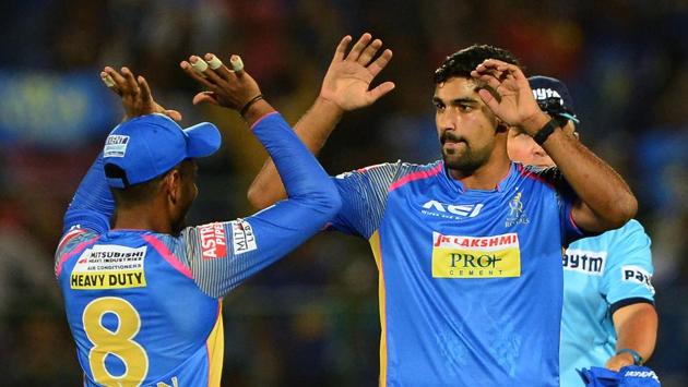 Rajasthan Royals bowler Ish Sodhi (R) celebrates with teammates after he dismissed Kings XI Punjab batsman Akshdeep Nath (unseen) during the IPL 2018 match in Jaipur on Tuesday. (AFP) Rajasthan Royals bowler Ish Sodhi (R) celebrates with teammates after he dismissed Kings XI Punjab batsman Akshdeep Nath (unseen) during the IPL 2018 match in Jaipur on Tuesday. (AFP)