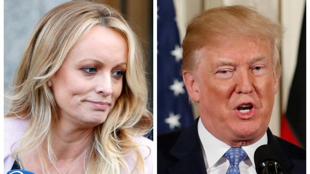 A combination photo shows Adult film actress Stephanie Clifford, also known as Stormy Daniels speaking in New York City, and US President Donald Trump speaking in Washington. (Reuters)