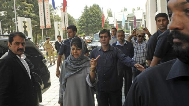 Jammu and Kashmir chief minister Mehbooba Mufti arrives to chair the all-party meeting at the Sher-i-Kashmir International Conference Centre (SKICC) in Srinagar on Wednesday. The government has convened an all-party meet Wednesday afternoon to discuss the worsening situation in the valley that has seen frequent gunfights between militants and security forces and deaths of civilians in firing during protests near these encounters. (Waseem Andrabi / HT Photo) Jammu and Kashmir chief minister Mehbooba Mufti arrives to chair the all-party meeting at the Sher-i-Kashmir International Conference Centre (SKICC) in Srinagar on Wednesday. The government has convened an all-party meet Wednesday afternoon to discuss the worsening situation in the valley that has seen frequent gunfights between militants and security forces and deaths of civilians in firing during protests near these encounters. (Waseem Andrabi / HT Photo)