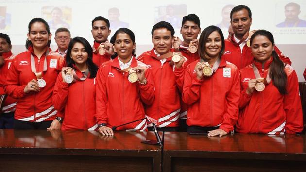 National Rifle Association of India welcomed all shooting medal winners of the Commonwealth Games 2018, during a press conference, in New Delhi, India, on April 17, 2018.(Raj K Raj/HT PHOTO)