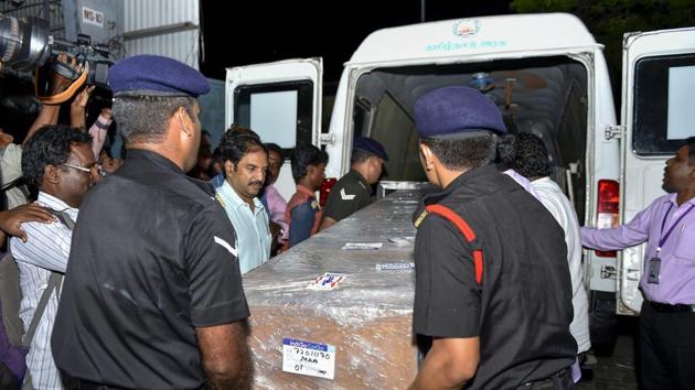 The mortal remains of R Thirumani, who was killed in a stone pelting incident in Kashmir, arrive in Chennai on Tuesday.(PTI Photo) The mortal remains of R Thirumani, who was killed in a stone pelting incident in Kashmir, arrive in Chennai on Tuesday.(PTI Photo)