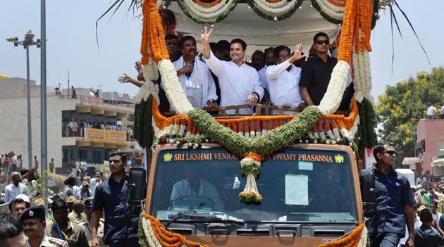 Congress president Rahul Gandhi at a road show at Gauribidanur in Chikkaballapur, Karnataka.(PTI Photo) Congress president Rahul Gandhi at a road show at Gauribidanur in Chikkaballapur, Karnataka.(PTI Photo)
