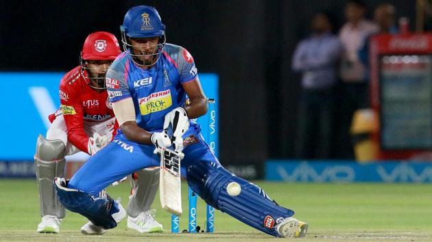 Sanju Samson of Rajasthan Royals scoops one to the outfield during the Indian Premier League (IPL 2018) match against Kings XI Punjab at the Sawai Mansingh Stadium. (bcci) 