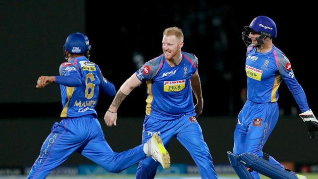 Ben Stokes of Rajasthan Royals celebrates with teammates after taking the wicket of Chris Gayle Kings XI Punjab during their 2018 Indian Premier League (IPL 2018) match at the Sawai Mansingh Stadium in Jaipur on Tuesday. (bcci)