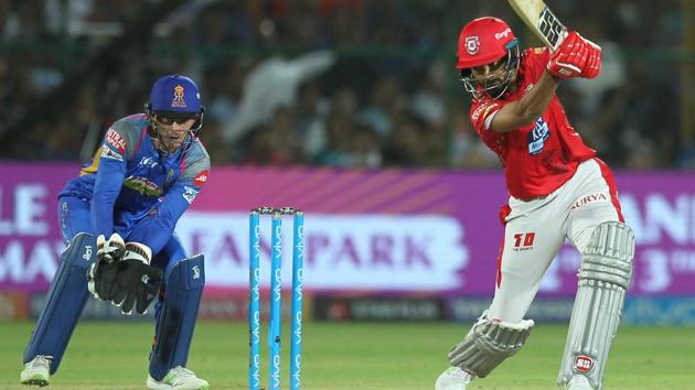 KL Rahul of the Kings XI Punjab scores from a boundary during the IPL 2018 match against Rajasthan Royals. (BCCI) 