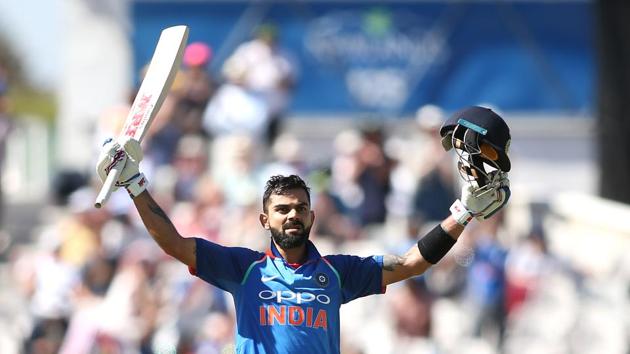 Virat Kohli celebrates reaching his century during the 3rd ODI between South Africa and India at Newlands, February 7. Weather conditions and pitches in England pose serious challenges to the best batsmen, and in 2014, Kohli’s technical ineptitude against high quality swing bowling from bowlers such as James Anderson and Stuart Broad was badly exposed.(Getty Images)