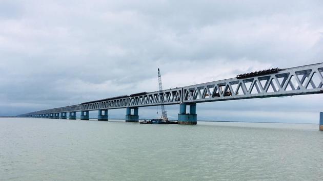 The Bogibeel bridge, on the Brahmaputra in Assam, will be India’s longest rail bridge at 4.94 km.(HT photo)