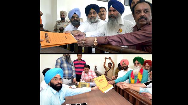 (Top) SAD candidate Naib Singh Kohar flanked by party president Sukhbir Singh Badal and Punjab BJP chief Shwait Malik; and AAP’s Rattan Singh Kakkar Kalan with party leader Sukhpal Singh Khaira, submitting nomination papers to SDM Jagjit Singh, the returning officer for Shahkot assembly bypoll, on Wednesday. (Pardeep Pandit/HT) (Top) SAD candidate Naib Singh Kohar flanked by party president Sukhbir Singh Badal and Punjab BJP chief Shwait Malik; and AAP’s Rattan Singh Kakkar Kalan with party leader Sukhpal Singh Khaira, submitting nomination papers to SDM Jagjit Singh, the returning officer for Shahkot assembly bypoll, on Wednesday. (Pardeep Pandit/HT)