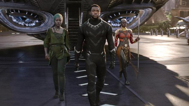 This image released by Disney shows Lupita Nyong'o, left, and Chadwick Boseman and Danai Gurira in a scene from Marvel Studios' Black Panther. (AP) This image released by Disney shows Lupita Nyong'o, left, and Chadwick Boseman and Danai Gurira in a scene from Marvel Studios' Black Panther. (AP)
