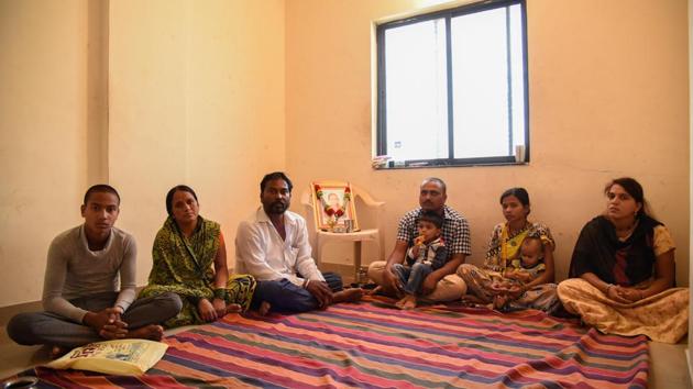 The family members of Pooja Sakat at their rented house in Wada Punarvasan in Pune. (SANKET WANKHADE/HT PHOTO)