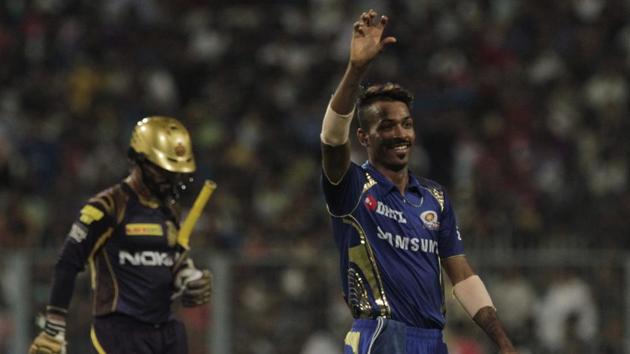 Hardik Pandya celebrates after taking the wicket of Dinesh Karthik. (AP) Hardik Pandya celebrates after taking the wicket of Dinesh Karthik. (AP)