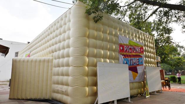 The portable cinema hall has a projector, air conditioning, inflatable roofs and walls that can all be set up in 2 hours and seat 200 people. (Raj K Raj / HT Photo) The portable cinema hall has a projector, air conditioning, inflatable roofs and walls that can all be set up in 2 hours and seat 200 people. (Raj K Raj / HT Photo)