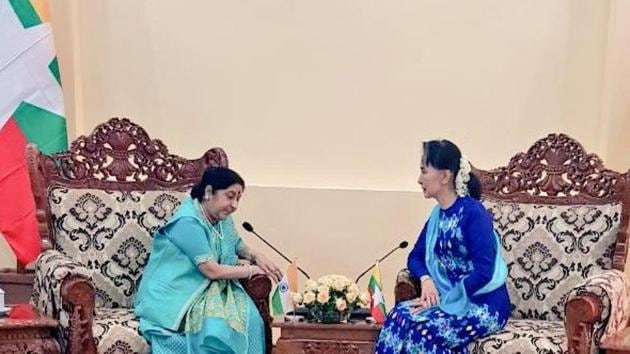 India’s external affairs minister Sushma Swaraj (L), who arrived in Myanmar on Thursday on a two-day visit, met Myanmar’s state counsellor Aung San Suu Kyi on Friday and discussed ways to strengthen bilateral relations across different sectors. (Twitter photo/@MEAIndia) India’s external affairs minister Sushma Swaraj (L), who arrived in Myanmar on Thursday on a two-day visit, met Myanmar’s state counsellor Aung San Suu Kyi on Friday and discussed ways to strengthen bilateral relations across different sectors. (Twitter photo/@MEAIndia)