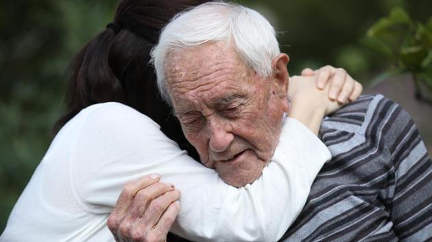 Australian botanist and academic David Goodall, who is 104 years old, gets a hug from Taiwanese actress and television hostess Bowie Tsang during the filming of a documentary film at the Basel University Botanical Gardens the day before his planned assisted suicide in Basel, Switzerland. (Sean Gallup / Getty Images) Australian botanist and academic David Goodall, who is 104 years old, gets a hug from Taiwanese actress and television hostess Bowie Tsang during the filming of a documentary film at the Basel University Botanical Gardens the day before his planned assisted suicide in Basel, Switzerland. (Sean Gallup / Getty Images)