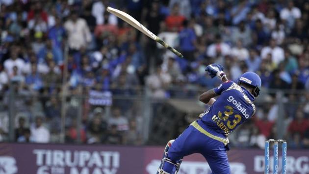 Mumbai Indian batsmen Hardik Pandya slips his bat off from his hands during the VIVO IPL cricket T20 match against Kolkata Knight Riders' in Mumbai on May 06, 2018. (Rafiq Maqbool / AP) Mumbai Indian batsmen Hardik Pandya slips his bat off from his hands during the VIVO IPL cricket T20 match against Kolkata Knight Riders' in Mumbai on May 06, 2018. (Rafiq Maqbool / AP)
