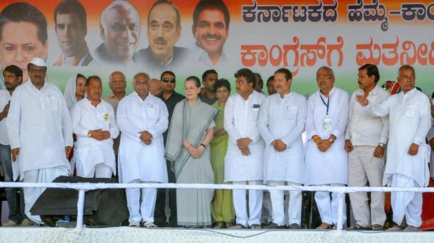 UPA Chairperson Sonia Gandhi with Congress leaders during a public rally for an election campaign ahead in Bijapur on May 08, 2018. Speaking at her first election rally in two years, UPA chairperson Gandhi accused PM Modi of intolerance and discriminating against Congress-ruled Karnataka, questioning his promise of “Sabka saath, sabka vikas.” (PTI) UPA Chairperson Sonia Gandhi with Congress leaders during a public rally for an election campaign ahead in Bijapur on May 08, 2018. Speaking at her first election rally in two years, UPA chairperson Gandhi accused PM Modi of intolerance and discriminating against Congress-ruled Karnataka, questioning his promise of “Sabka saath, sabka vikas.” (PTI)