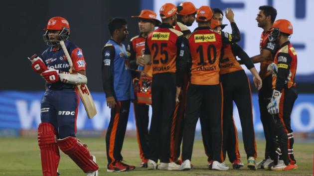 Delhi Daredevils' Prithvi Shaw (L) walks back to pavilion as Sunrisers Hyderabad players celebrate his dismissal. (AP) Delhi Daredevils' Prithvi Shaw (L) walks back to pavilion as Sunrisers Hyderabad players celebrate his dismissal. (AP)
