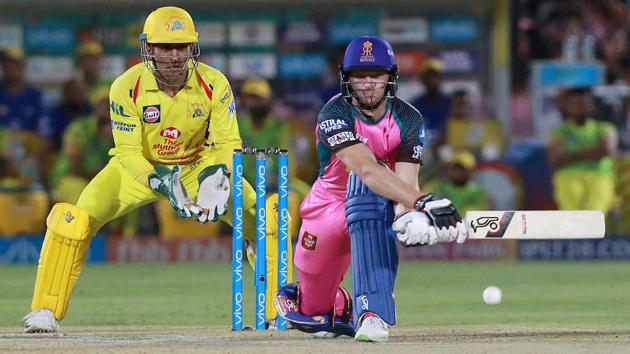 Rajasthan Royals’ Jos Buttler in action against Chennai Super Kings in an Indian Premier League (IPL) 2018 match at the Sawai Mansingh Stadium in Jaipur on Saturday.