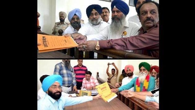 (Top)SAD candidate Naib Singh Kohar and (below) AAP’s Rattan Singh Kakkar Kalan submitting nomination papers to SDM Jagjit Singh, the returning officer for Shahkot assembly bypoll, on Wednesday.(HT File) (Top)SAD candidate Naib Singh Kohar and (below) AAP’s Rattan Singh Kakkar Kalan submitting nomination papers to SDM Jagjit Singh, the returning officer for Shahkot assembly bypoll, on Wednesday.(HT File)