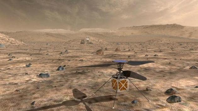 NASA's Mars Helicopter, a small, autonomous rotorcraft, which will travel with the agency's Mars 2020 rover, currently scheduled to launch in July 2020, to demonstrate the viability and potential of heavier-than-air vehicles on the Red Planet, is shown in this artist rendition from NASA/JPL in Pasadena, California, US May 11, 2018.(Reuters Photo)