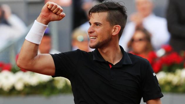 Dominic Thiem celebrates winning the Madrid Open tennis semi-final match against Kevin Anderson on Saturday.(REUTERS)