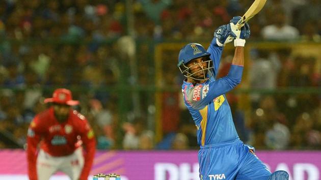Rajasthan Royals batsman Krishnappa Gowtham hits a six during the 2018 Indian Premier League (IPL 2018) match against Kings XI Punjab at the Sawai Mansingh Stadium in Jaipur on May 8.(AFP) Rajasthan Royals batsman Krishnappa Gowtham hits a six during the 2018 Indian Premier League (IPL 2018) match against Kings XI Punjab at the Sawai Mansingh Stadium in Jaipur on May 8.(AFP)