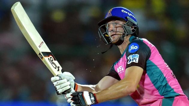 Rajasthan Royals' Jos Buttler plays a shot against Chennai Super Kings during their IPL 2018 cricket match in Jaipur on Friday.(PTI)