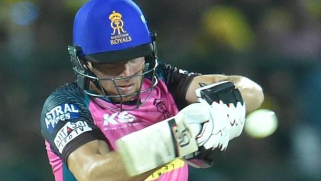 Rajasthan Royals' Jos Buttler pulls one to the boundary against Chennai Super Kings during their Indian Premier League (IPL 2018) match in Jaipur on Friday.(PTI)