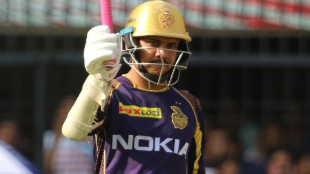 Sunil Narine celebrates after hitting his fifty for Kolkata Knight Riders during their IPL 2018 match against Kings XI Punjab.(BCCI)