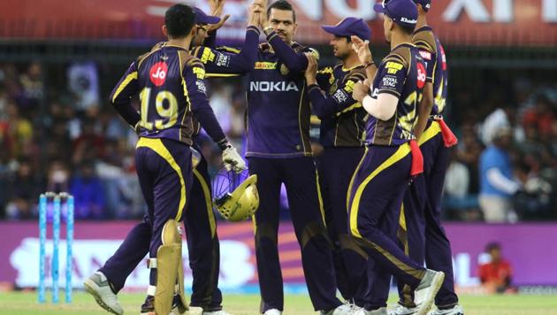 Kolkata Knight Riders players celebrate the wicket of KL Rahul of the Kings XI Punjab during match forty four of the Indian Premier League 2018. Get full cricket score of Kings XI Punjab vs Kolkata Knight Riders, IPL 2018 match here.(BCCI)