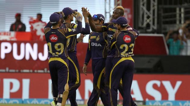 Kolkata Knight Riders’ Andre Russell celebrates the wicket of Kings XI Punjab’s Chris Gayle in an Indian Premier League (IPL) 2018 at the Holkar Cricket Stadium, Indore, on Saturday.(BCCI)