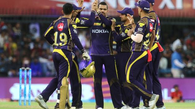 Kolkata Knight Riders players celebrate the wicket of Kings XI Punjab’s KL Rahul during an Indian Premier League (IPL) 2018 match at the Holkar Cricket Stadium, Indore. (BCCI)