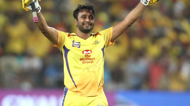 Ambati Rayudu of the Chennai Super Kings celebrates his century during an Indian Premier League 2018 (IPL 2018) game against Sunrisers Hyderabad at the Maharashtra Cricket Association Cricket Stadium in Pune on Sunday.(BCCI)