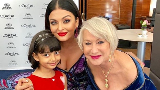 Aishwarya Rai Bachchan and Aaradhya pose with Helen Mirren at Cannes.(Instagram)