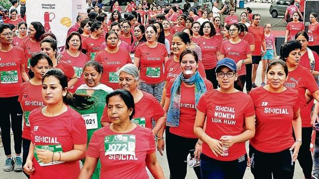 Participants during the all women special marathon ‘Social Women 10k Run’ organised by Chandigarh Runners on the occasion of Mother’s Day on Sunday.