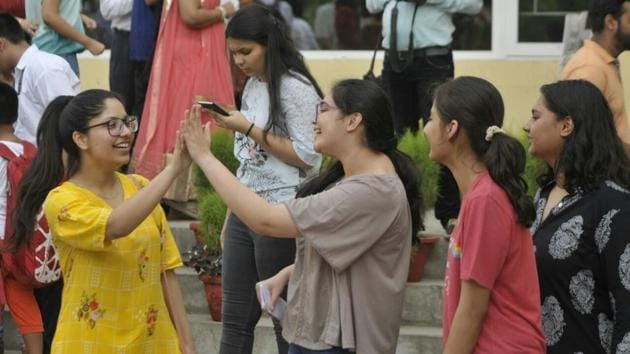 Students celebrate after the declaration of ICSE and ISC results in Lucknow on Monday. (Deepak Gupta/Lucknow) Students celebrate after the declaration of ICSE and ISC results in Lucknow on Monday. (Deepak Gupta/Lucknow)