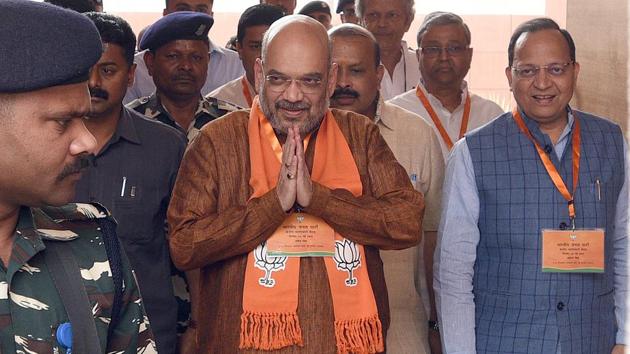 BJP National President Amit Shah arrives to attend the BJP national office bearers and state presidents meeting at BJP headquarter in New Delhi on Monday. (Sonu Mehta / HT Photo) BJP National President Amit Shah arrives to attend the BJP national office bearers and state presidents meeting at BJP headquarter in New Delhi on Monday. (Sonu Mehta / HT Photo)