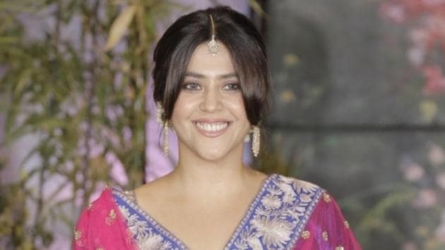 Producer Ekta Kapoor at the wedding reception of actress Sonam Kapoor and businessman Anand Ahuja in Mumbai.(IANS)