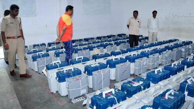 EVMs being stored in a strong room at Chikmagalur in Karnataka on Sunday, ahead of counting. (PTI) EVMs being stored in a strong room at Chikmagalur in Karnataka on Sunday, ahead of counting. (PTI)