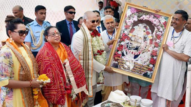 President Ram Nath Kovind and First Lady Savita Kovind being presented a memento on their arrival at Pushkar in Rajasthan on Monday. The President is on a two day visit to Rajasthan that began yesterday. (PTI) President Ram Nath Kovind and First Lady Savita Kovind being presented a memento on their arrival at Pushkar in Rajasthan on Monday. The President is on a two day visit to Rajasthan that began yesterday. (PTI)